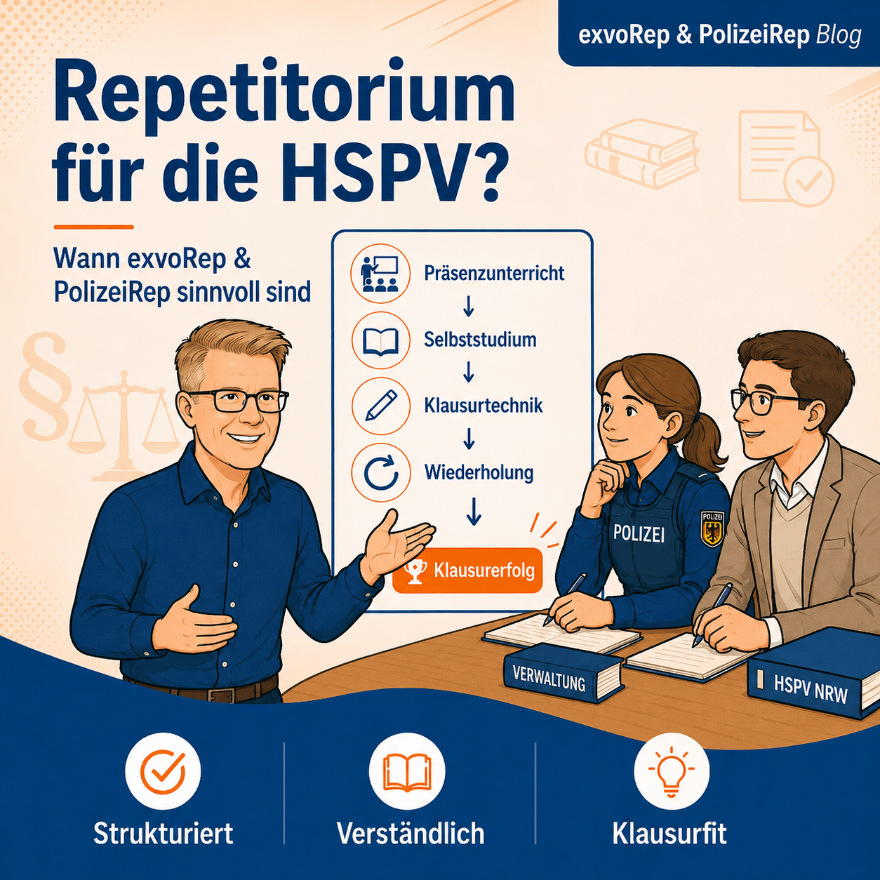 Illustration zur HSPV-Klausurvorbereitung mit Dozent, Polizeistudentin und Verwaltungsstudent zum Thema Repetitorium an der HSPV NRW.